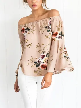 Pretty Floral Off Shoulder Trumpet Sleeve Bohemia Blouse Shirt Tops