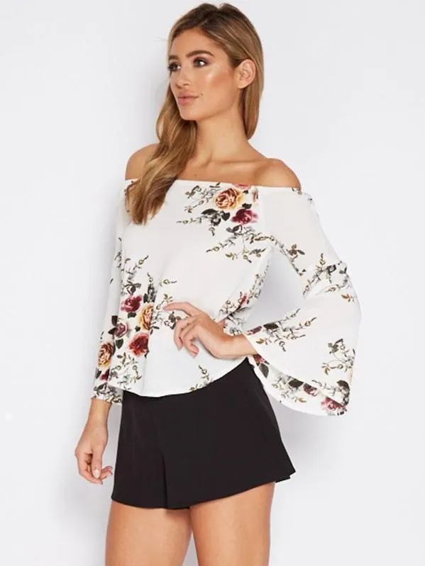 Pretty Floral Off Shoulder Trumpet Sleeve Bohemia Blouse Shirt Tops