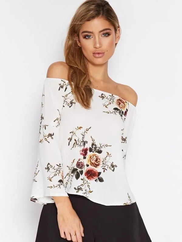 Pretty Floral Off Shoulder Trumpet Sleeve Bohemia Blouse Shirt Tops