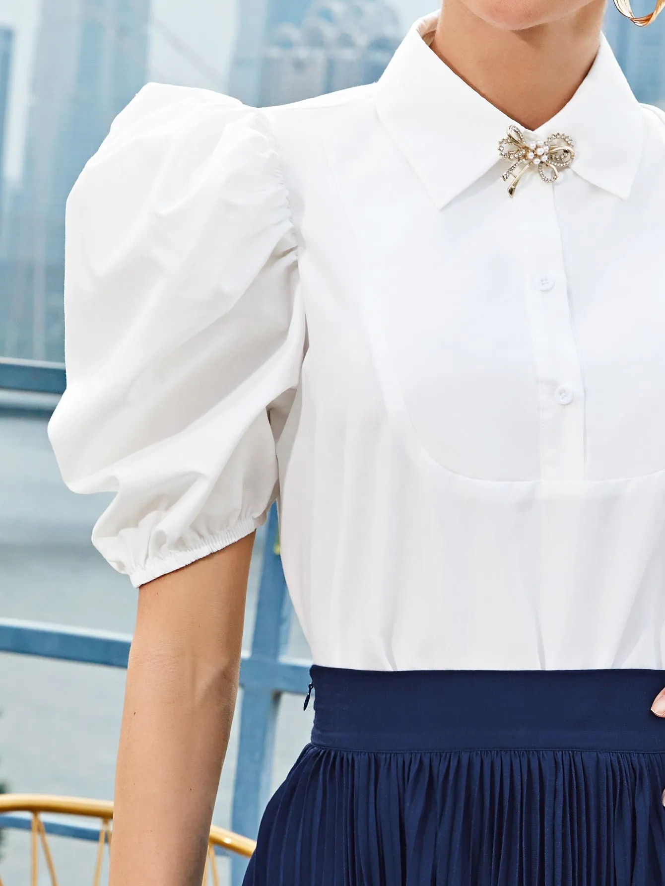 Puff Sleeve Half Button Bow Front Crop Top