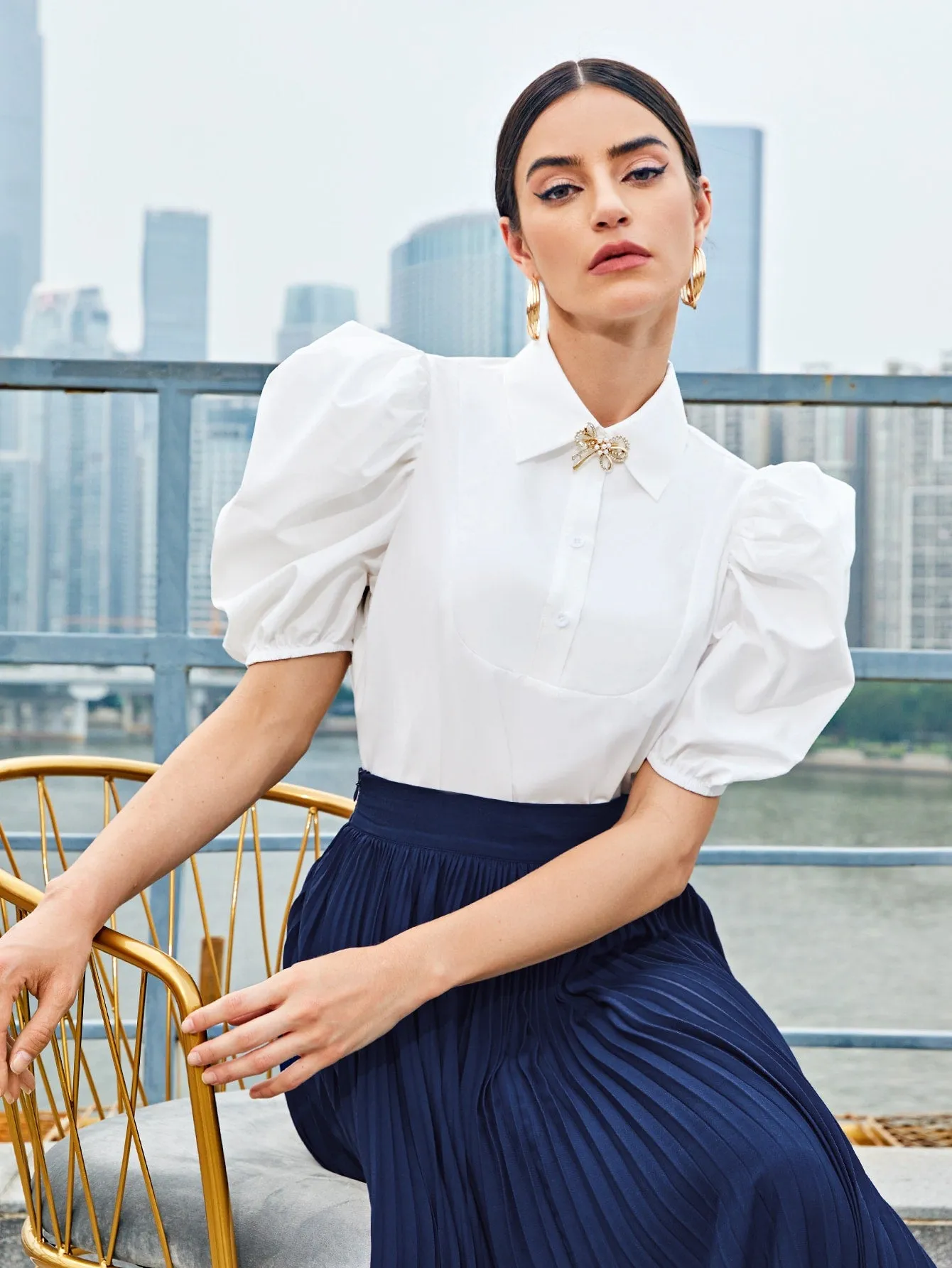 Puff Sleeve Half Button Bow Front Crop Top