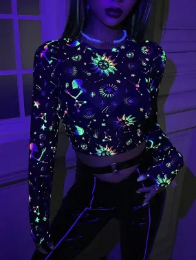 Reflective Galaxy Print Crop Sheer Top (Without Bra)