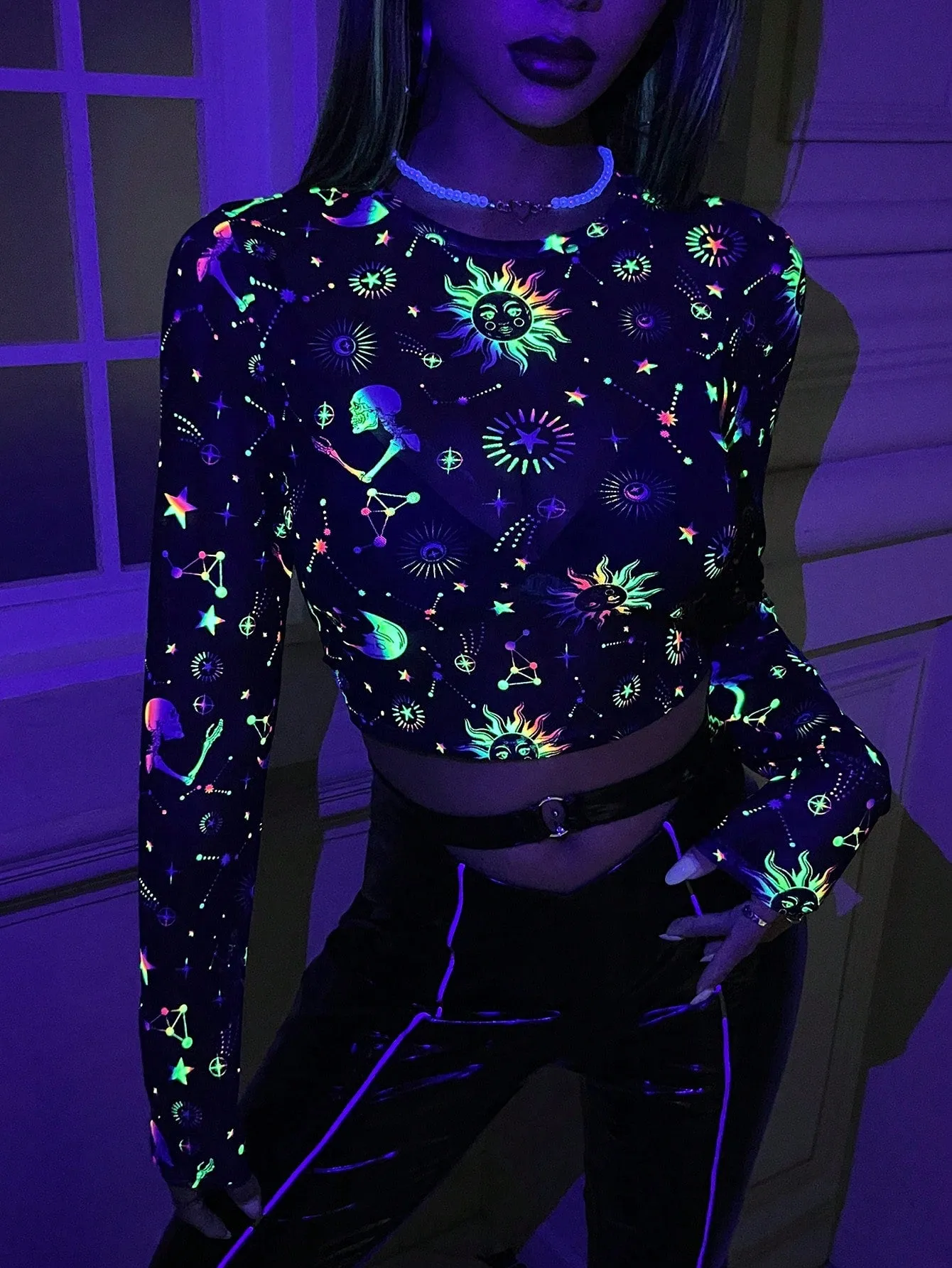 Reflective Galaxy Print Crop Sheer Top (Without Bra)