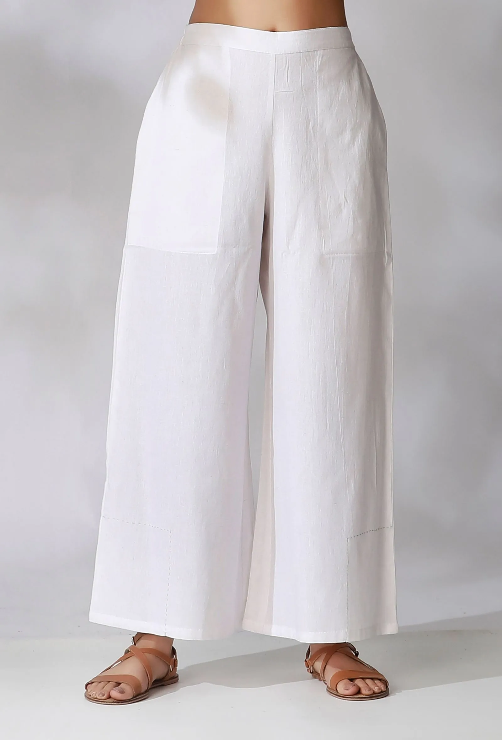 Set Of 2- White Cotton Crop Top with White Cotton Pants With Pockets