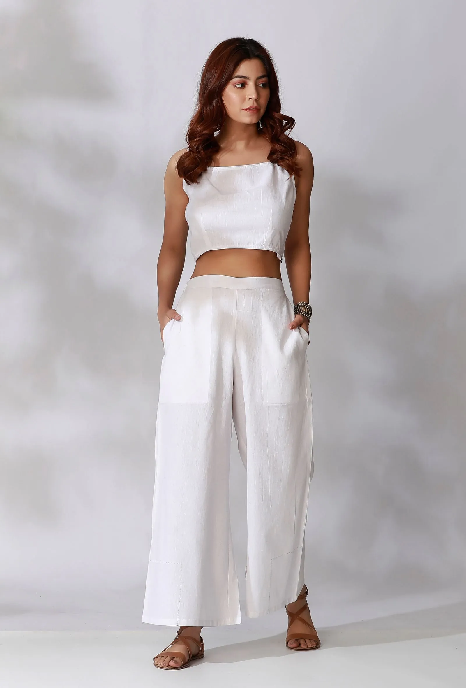 Set Of 2- White Cotton Crop Top with White Cotton Pants With Pockets