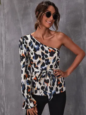 Sexy All Over Print Tie Front Long Sleeve One Shoulder Regular Blouse