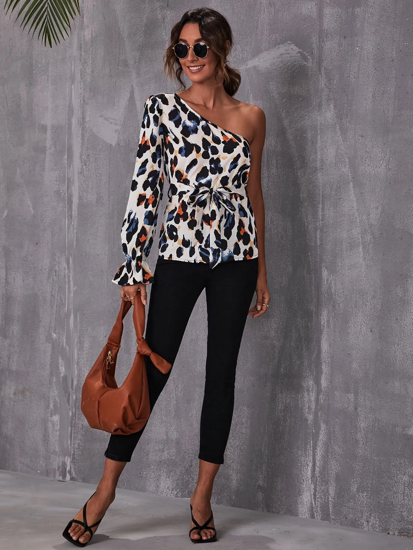 Sexy All Over Print Tie Front Long Sleeve One Shoulder Regular Blouse