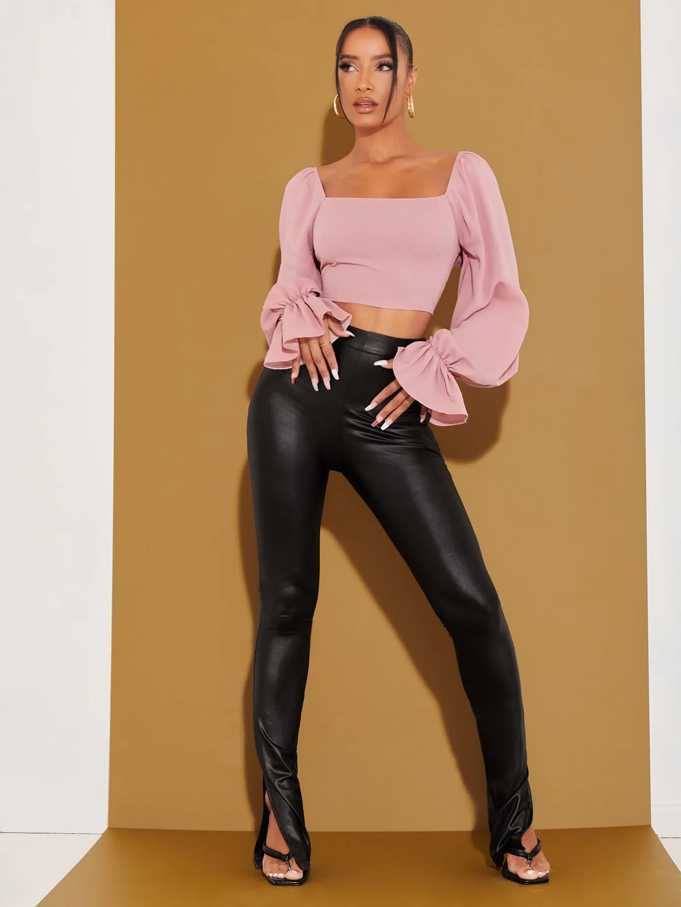 Sexy Plain Backless Long Sleeve Square Neck Crop Blouse