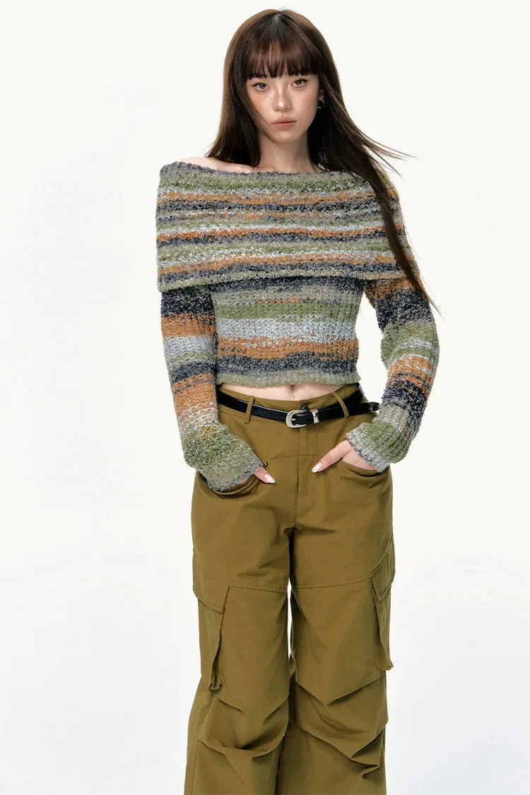 Striped Knit Off-Shoulder Multicolor Sweater