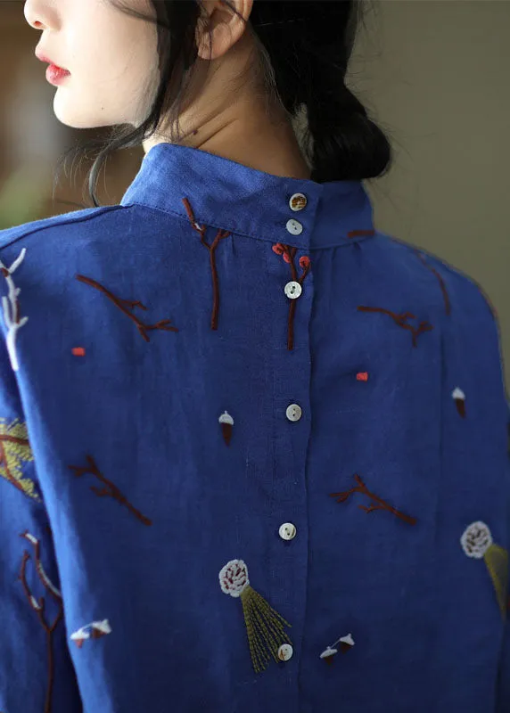 Stylish Blue Embroideried retro Linen Blouse Tops Spring