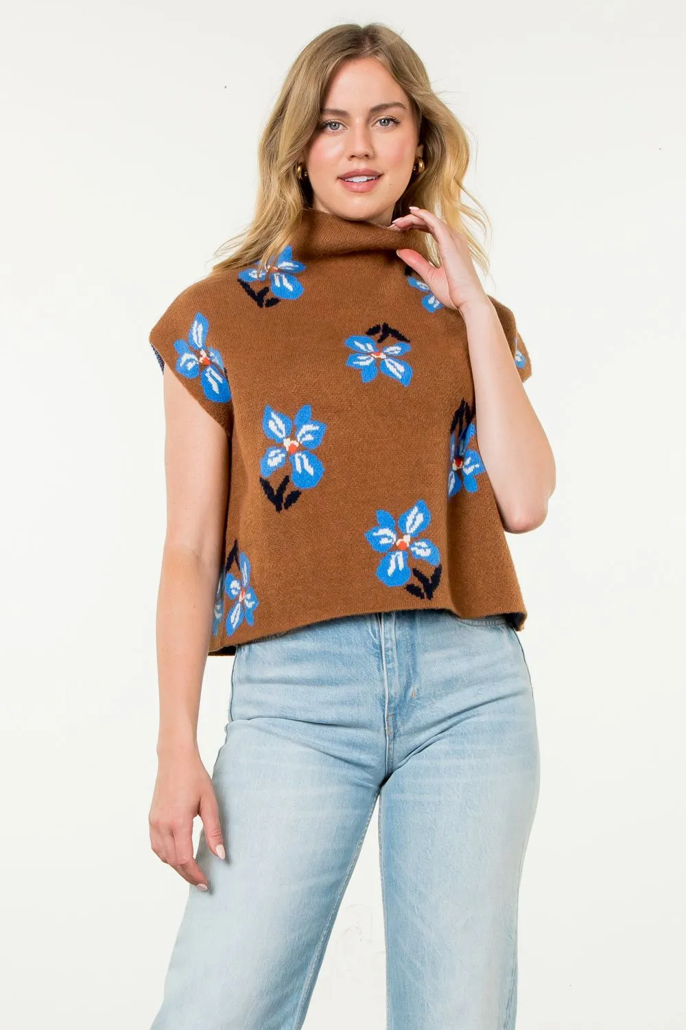 Stylish Brown Sweater w/ Blue Floral Details