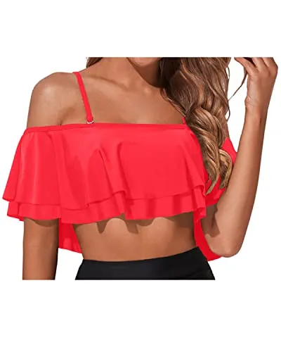 Stylish Spaghetti Shoulder Straps Off Shoulder Swim Top-Neon Red