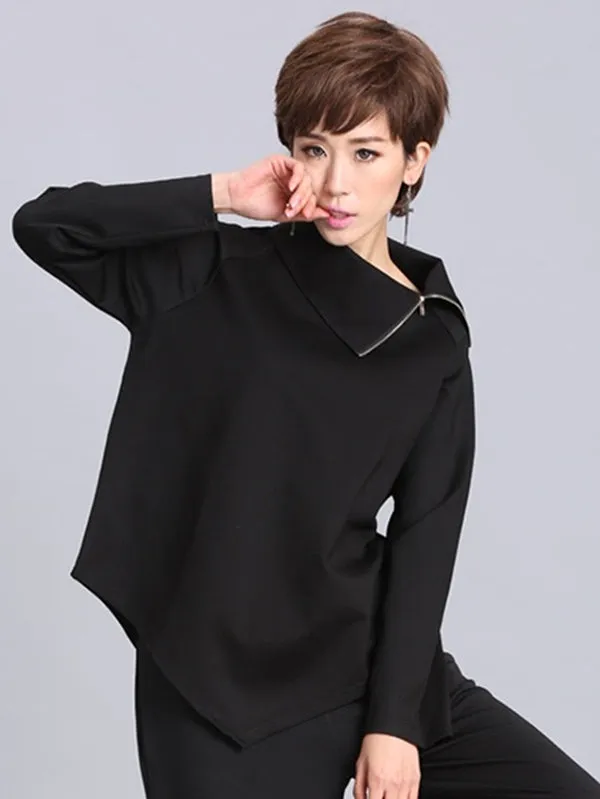 Stylish Zipper Irregularity High-Neck T-Shirts Tops