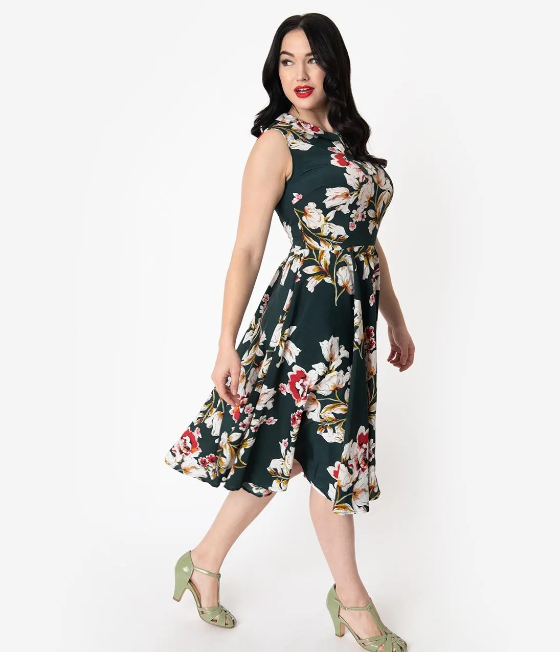 Unique Vintage 1940s Hunter Green & Pink Floral Olson Swing Dress