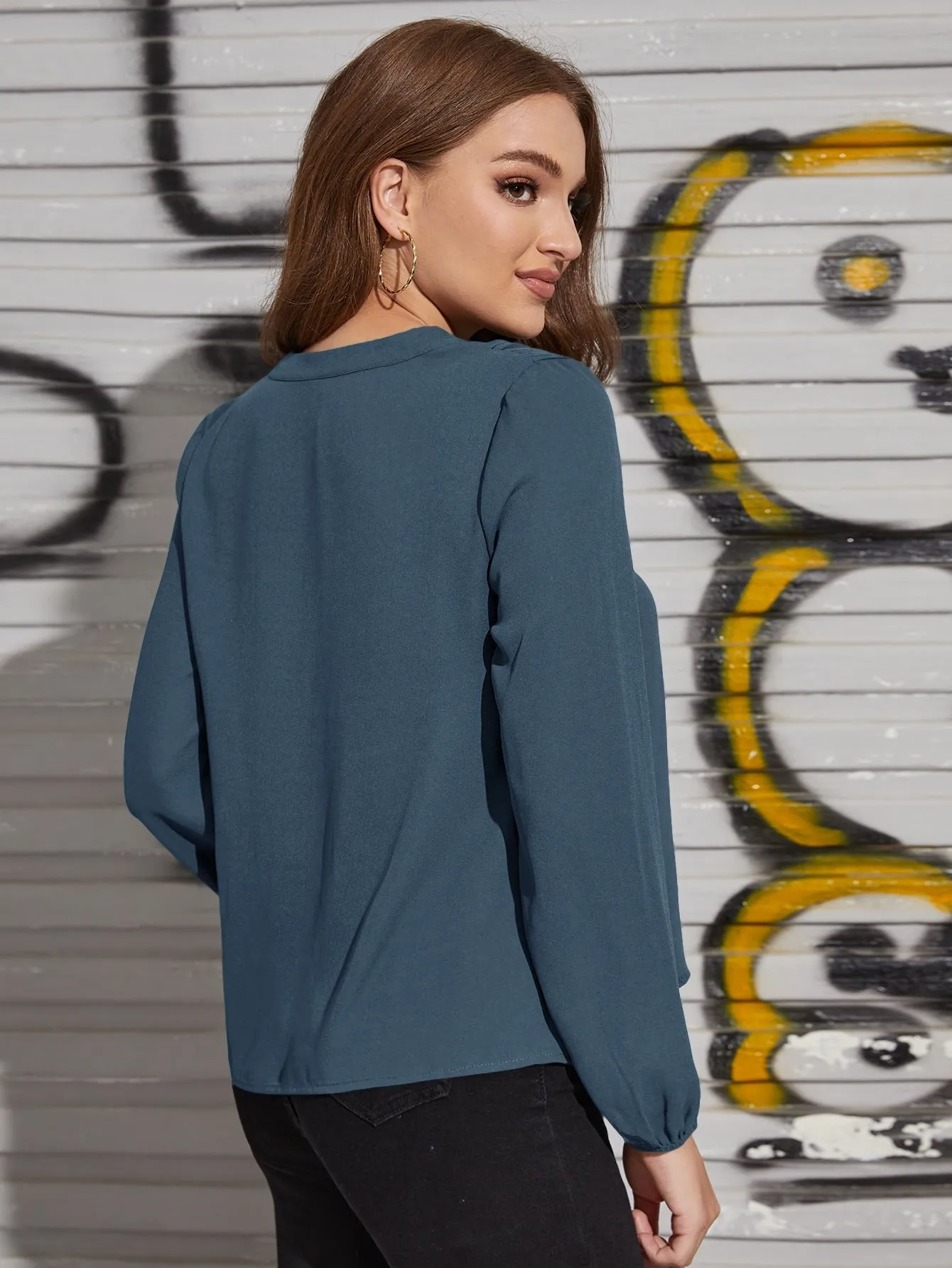 V Neck Blouson Sleeve Solid Top