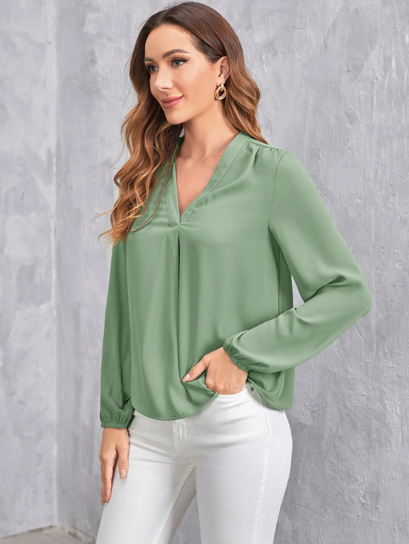 V Neck Blouson Sleeve Solid Top