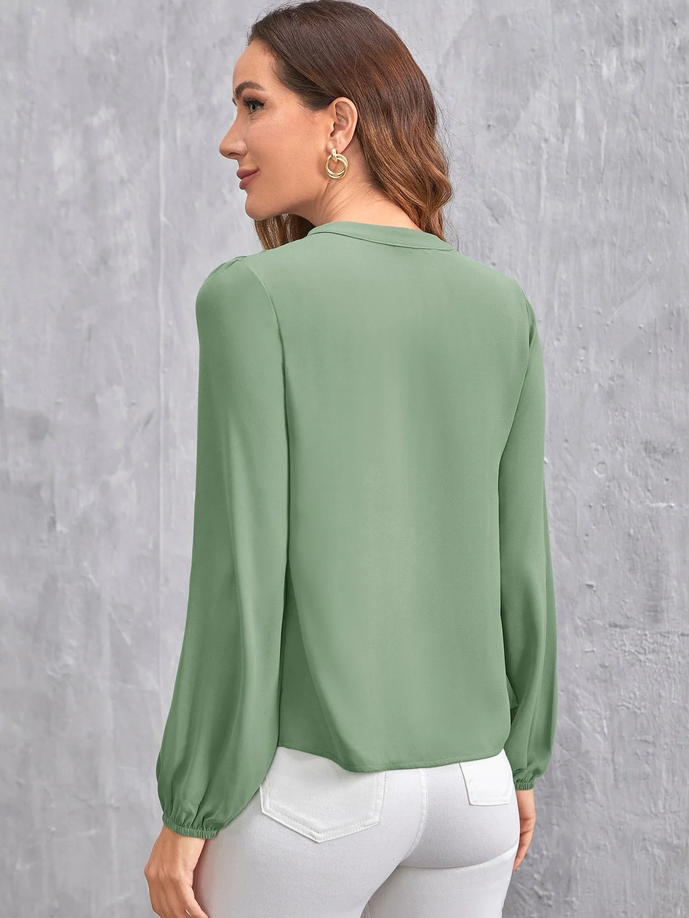 V Neck Blouson Sleeve Solid Top