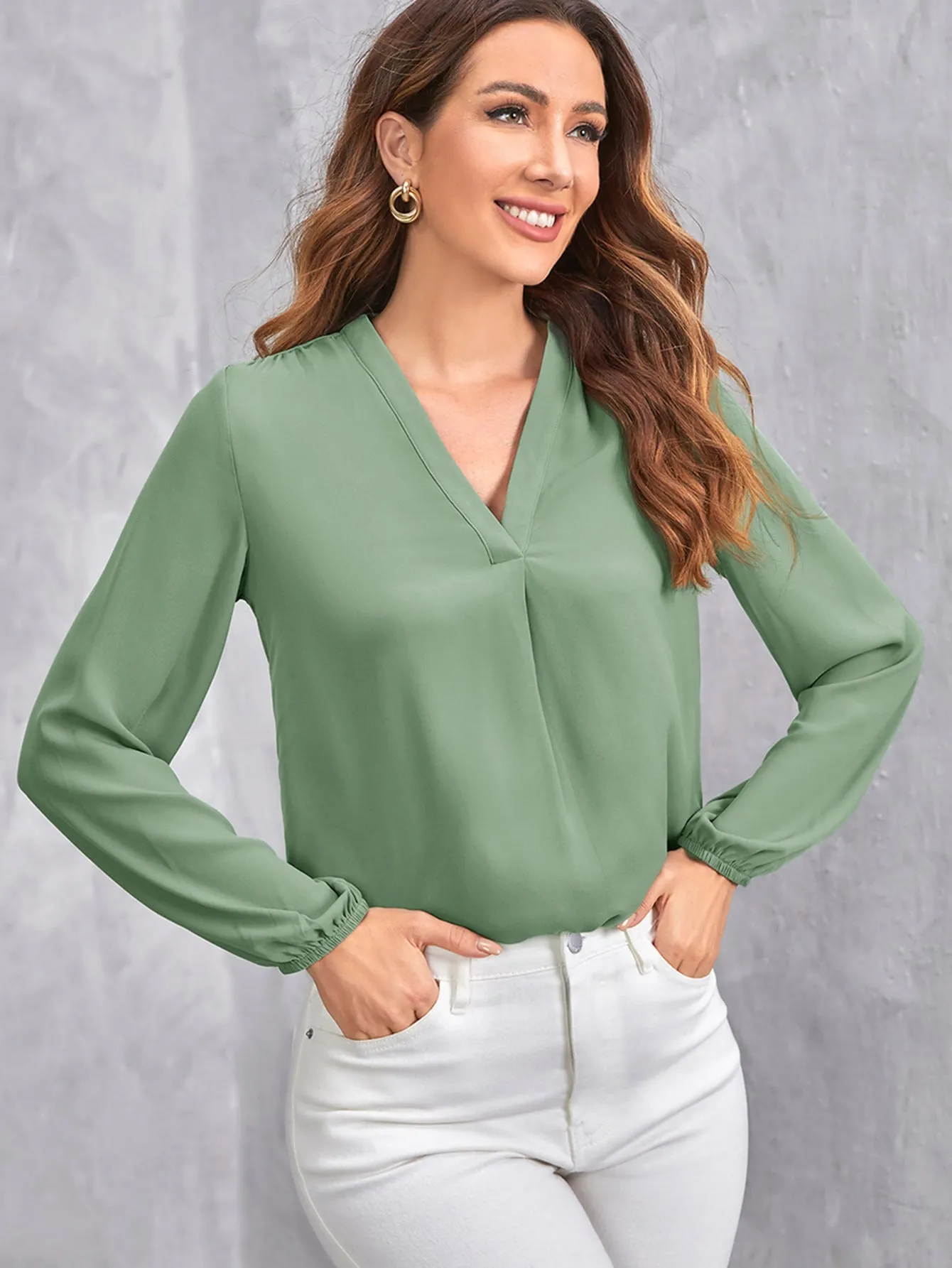 V Neck Blouson Sleeve Solid Top