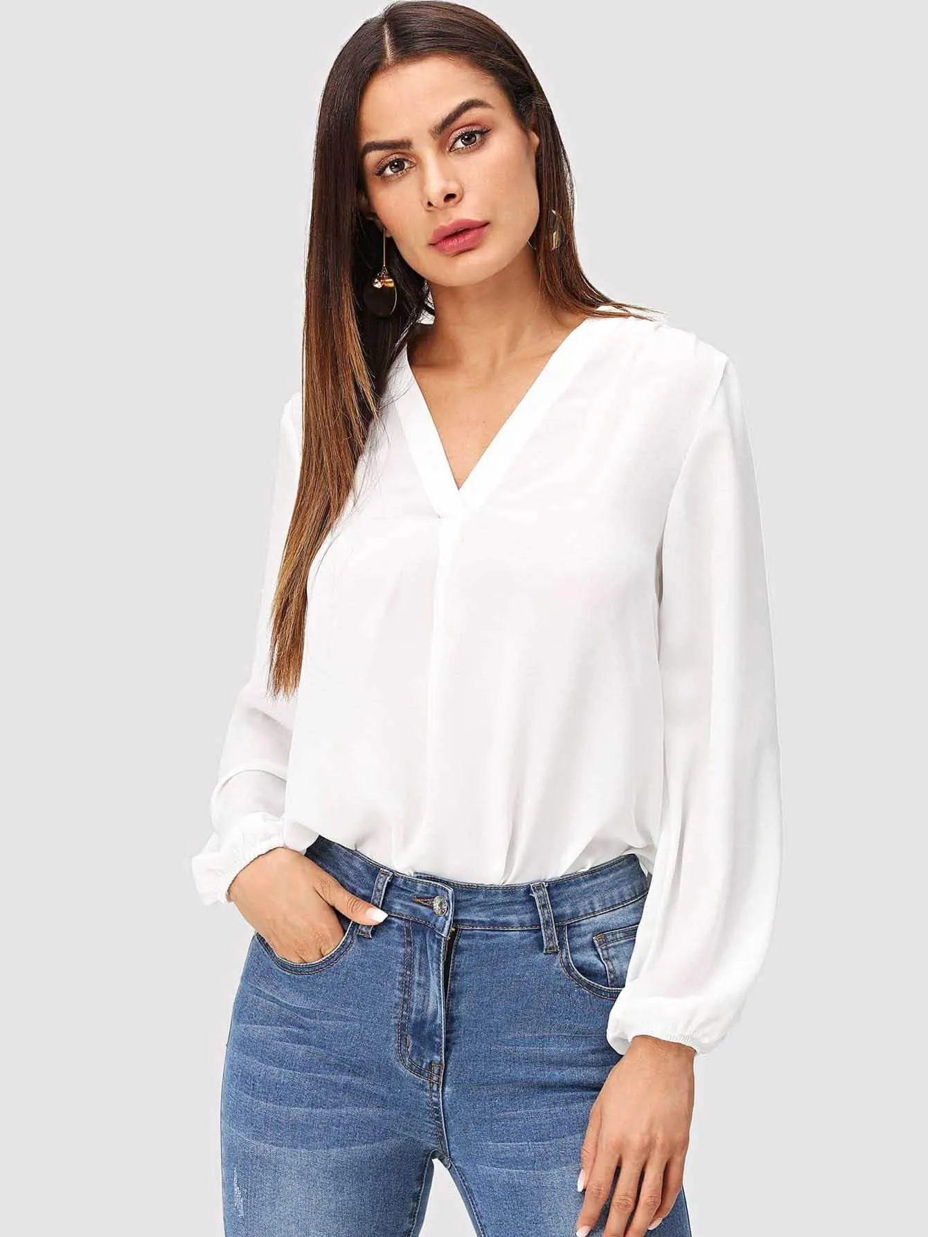 V Neck Blouson Sleeve Solid Top