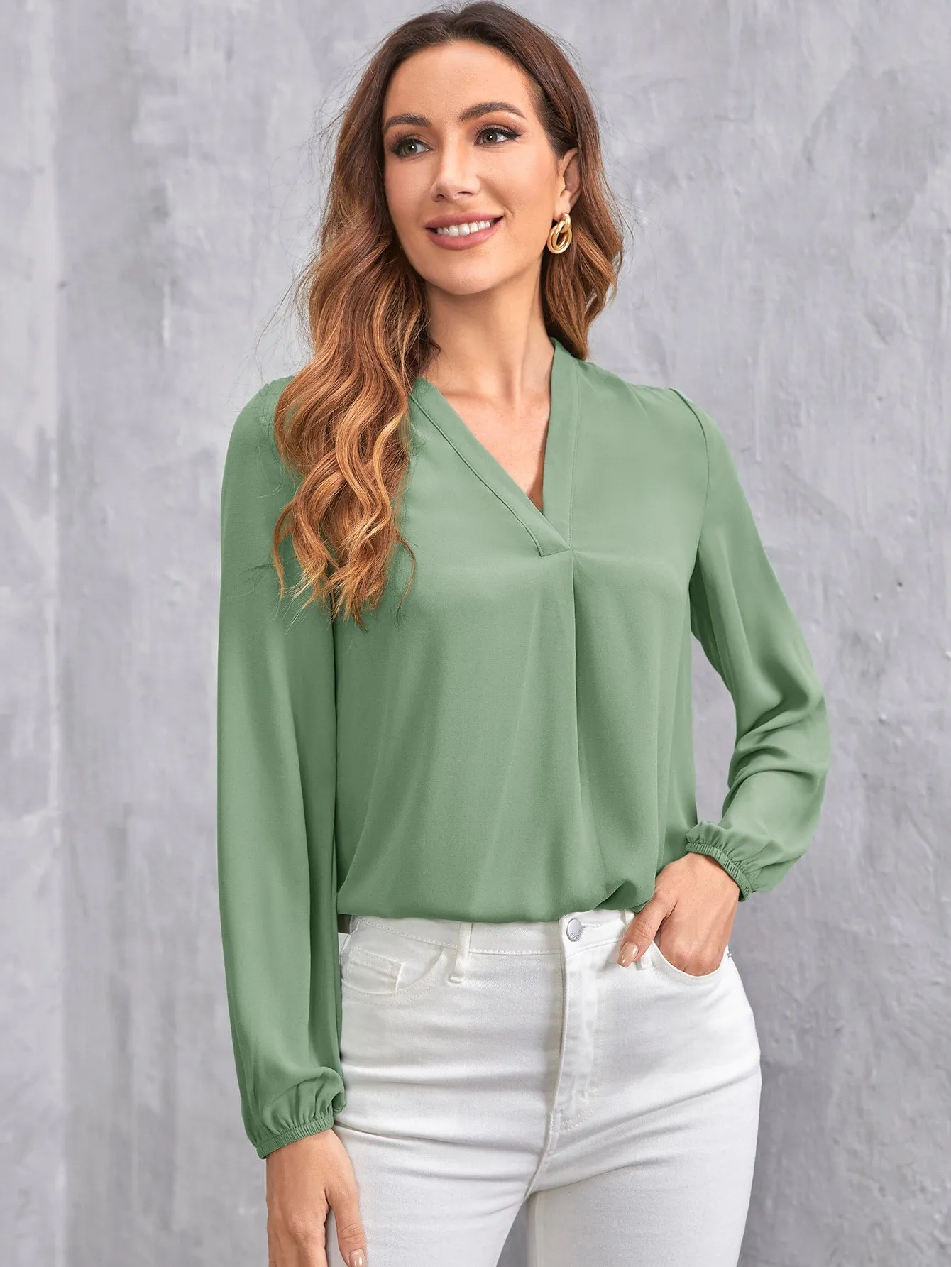 V Neck Blouson Sleeve Solid Top