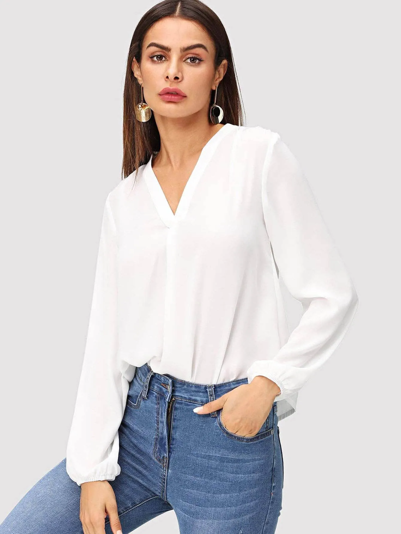 V Neck Blouson Sleeve Solid Top