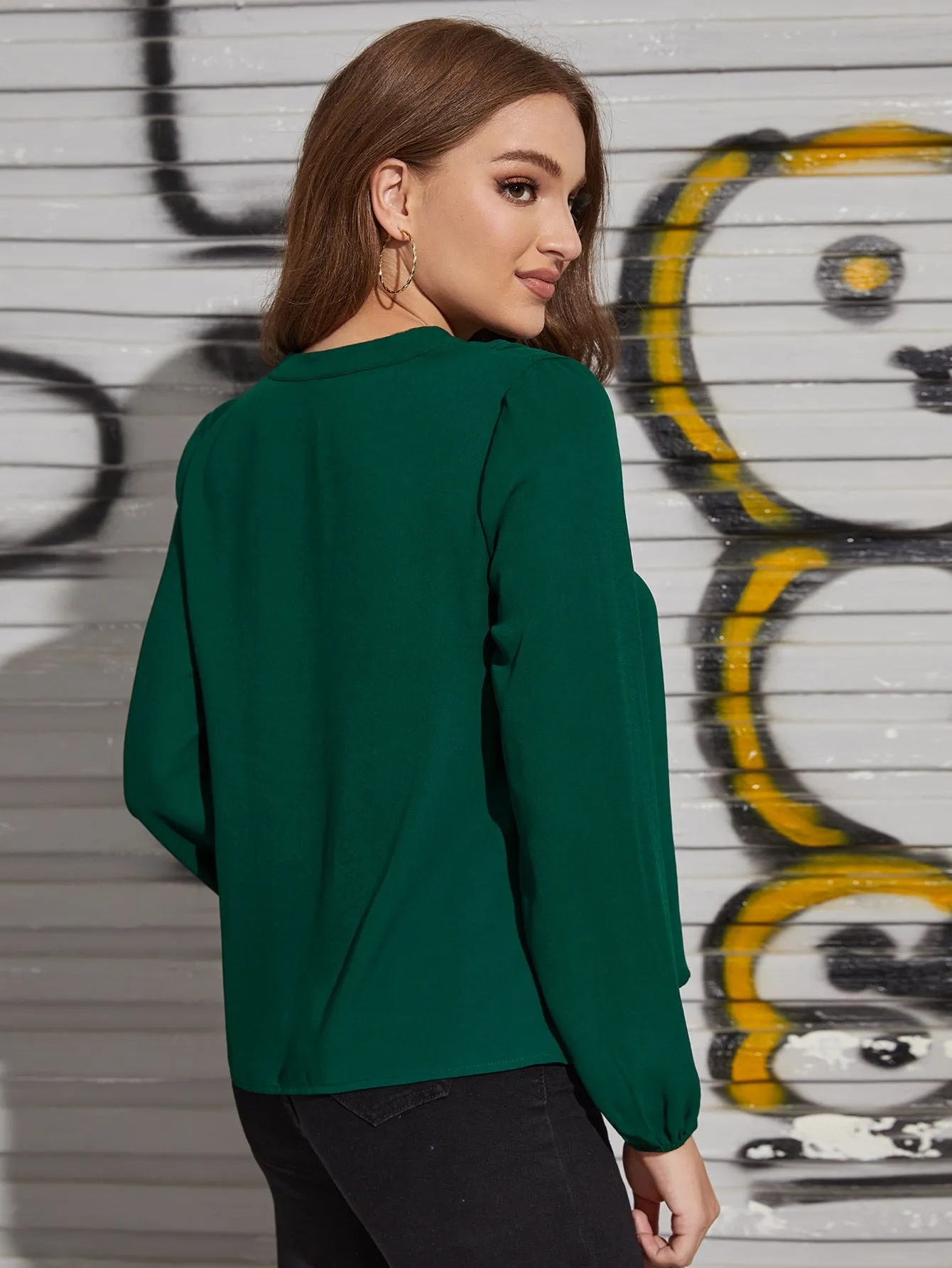 V Neck Blouson Sleeve Solid Top