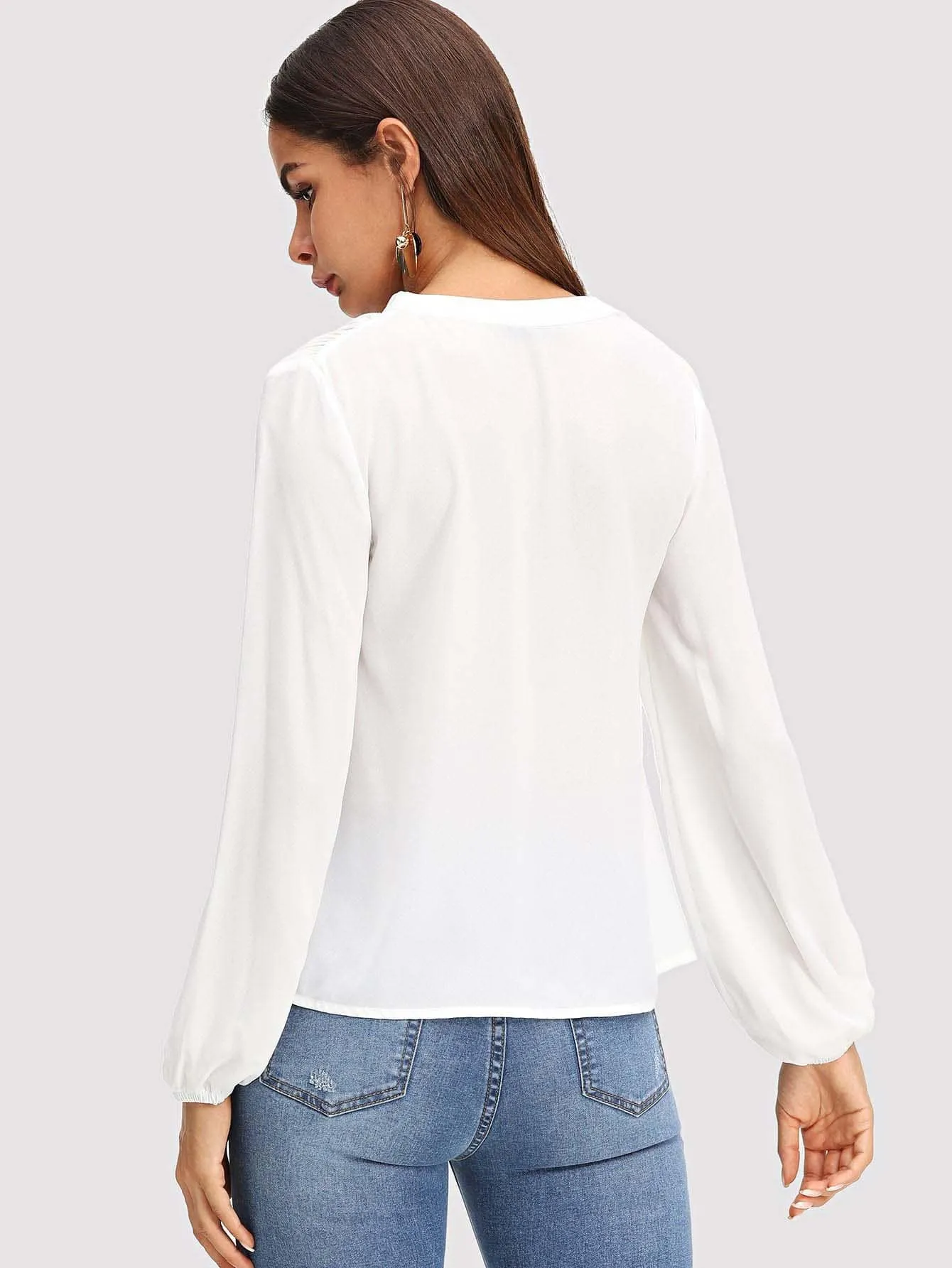 V Neck Blouson Sleeve Solid Top