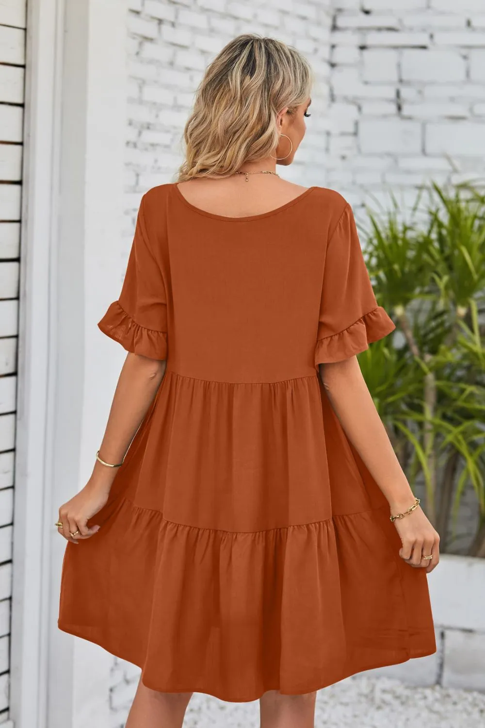 V-Neck Flounce Sleeve Tiered Dress