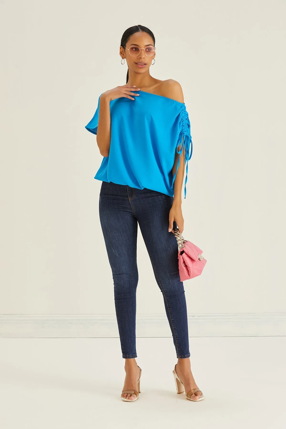 Versatile Off-Shoulder Blue Oversized Top