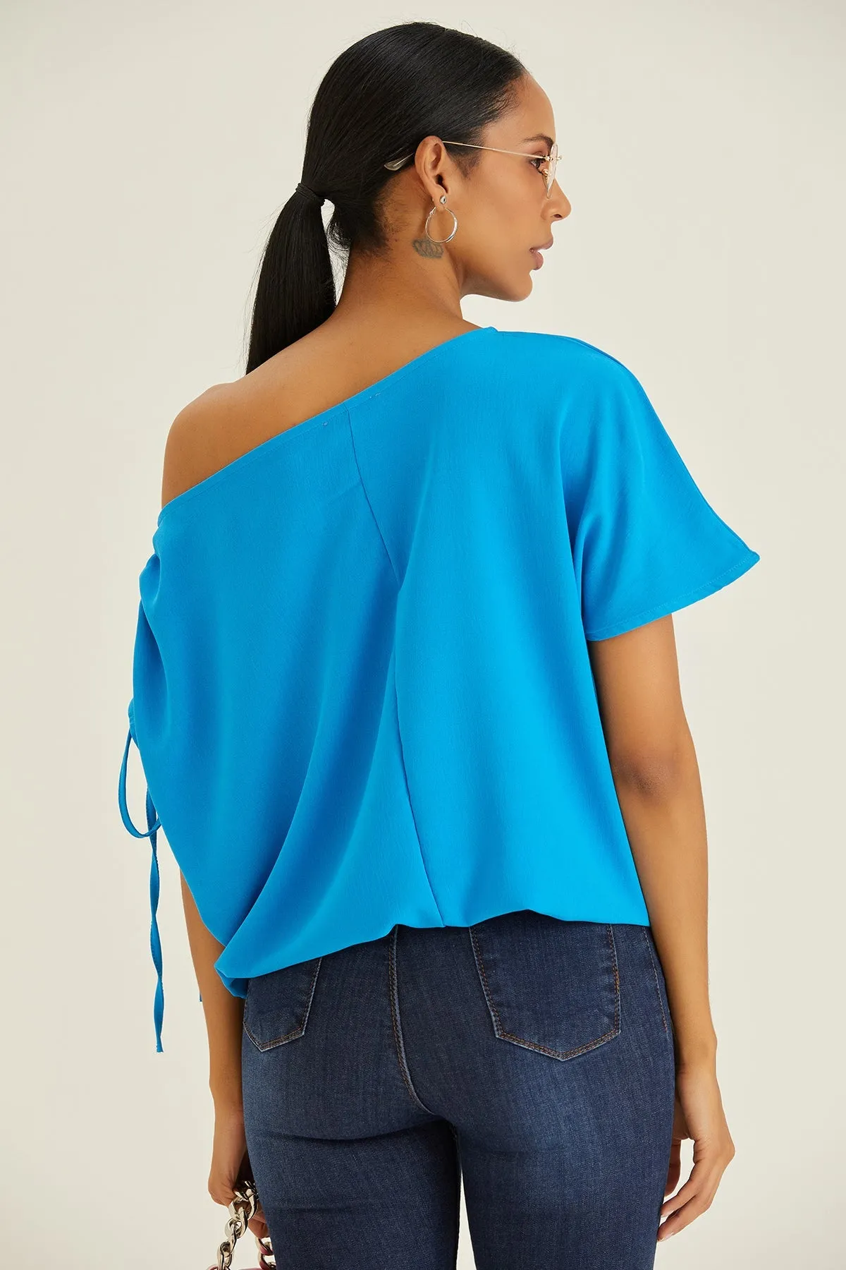 Versatile Off-Shoulder Blue Oversized Top