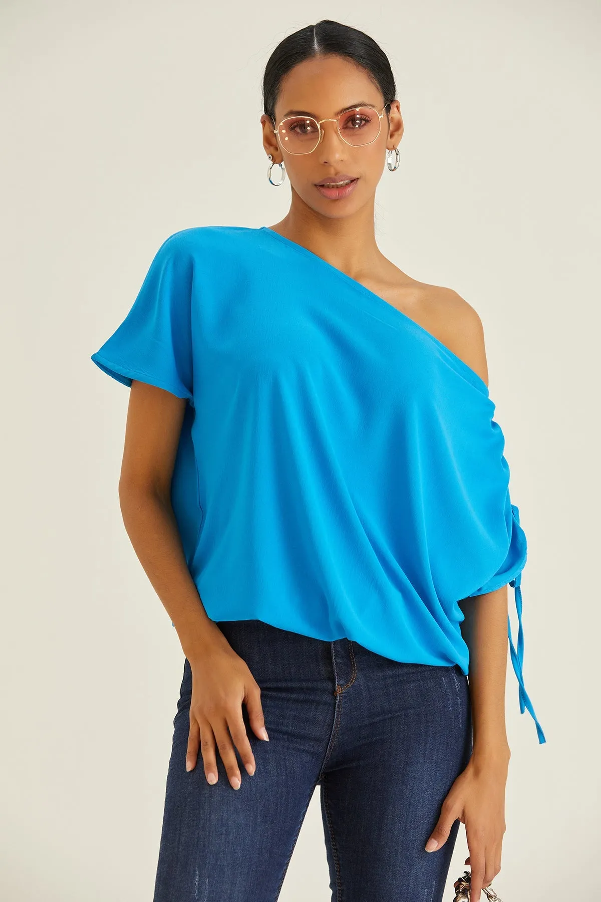 Versatile Off-Shoulder Blue Oversized Top