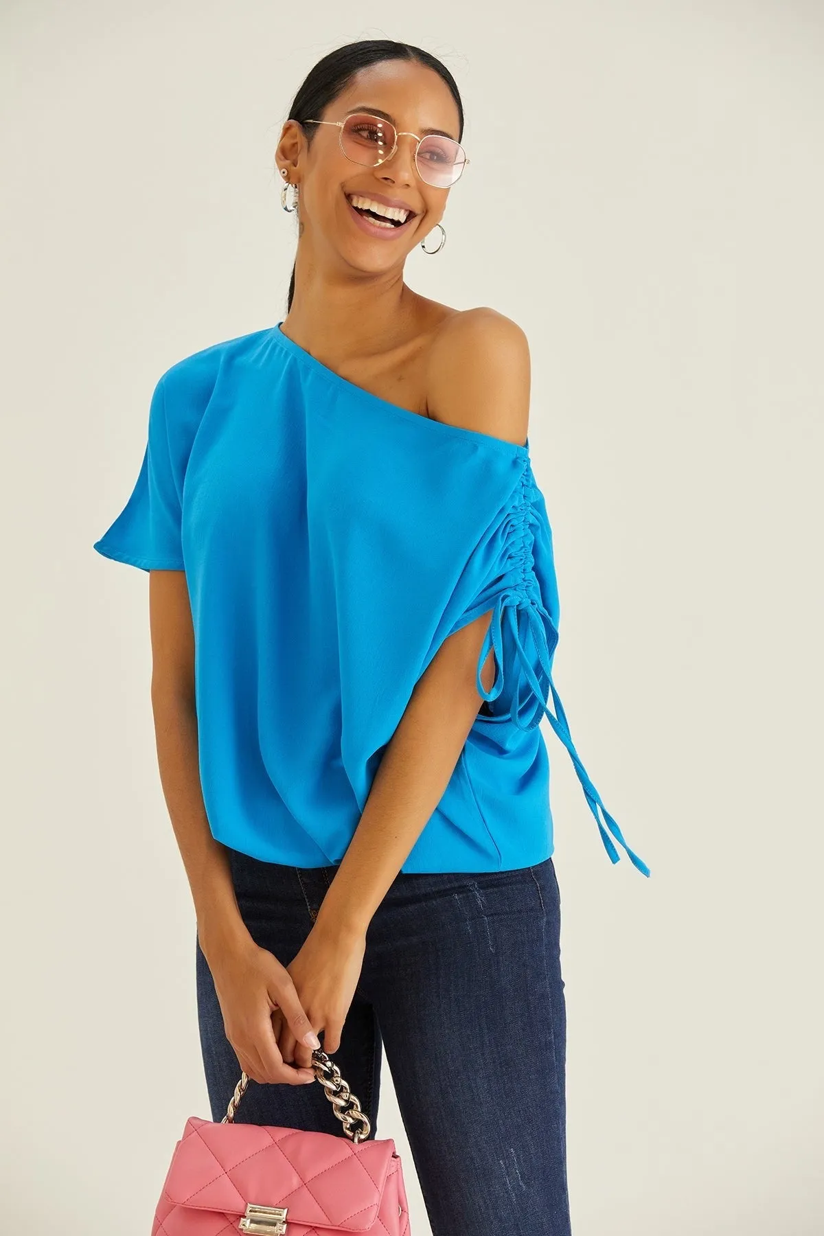 Versatile Off-Shoulder Blue Oversized Top