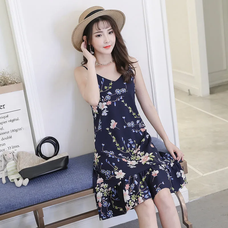 Women Beach Ruffle Collar Floral Cami Dress Fresh Looking Strap Beachwear