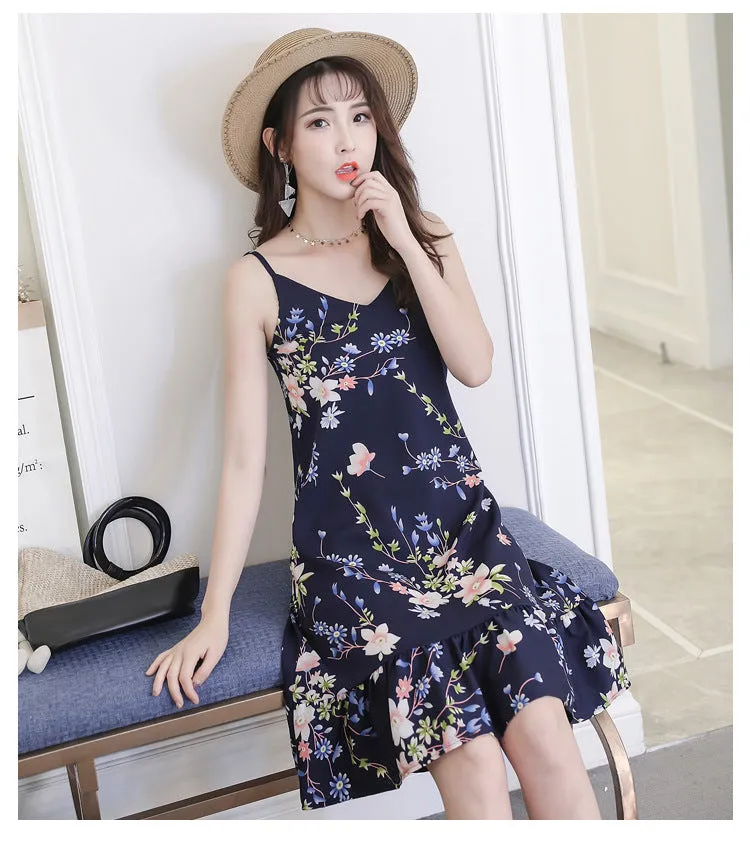 Women Beach Ruffle Collar Floral Cami Dress Fresh Looking Strap Beachwear