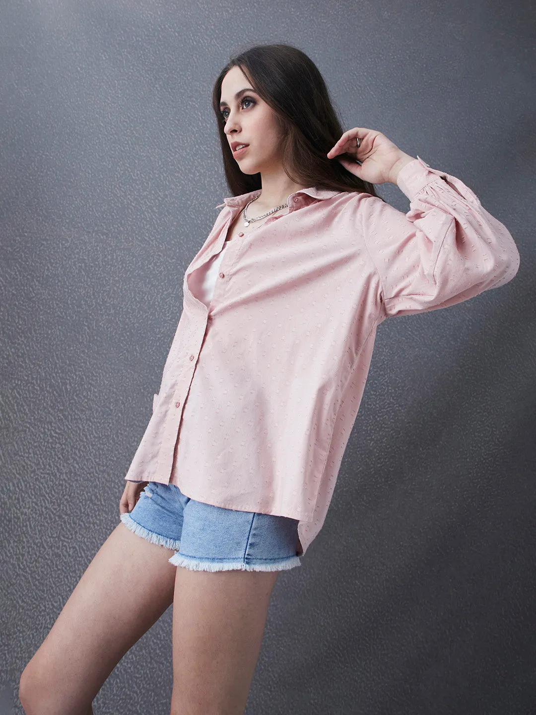 Women Relax Fit Premium Cotton Dobby Self Structured Light Pink Casual Shirt