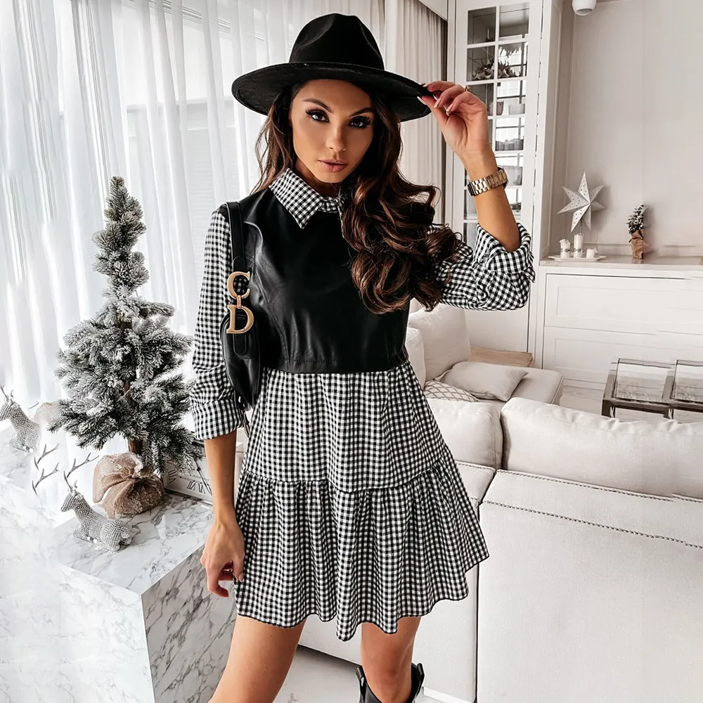 Women's Collar Stitching Printing Color Plaid Leather Dresses