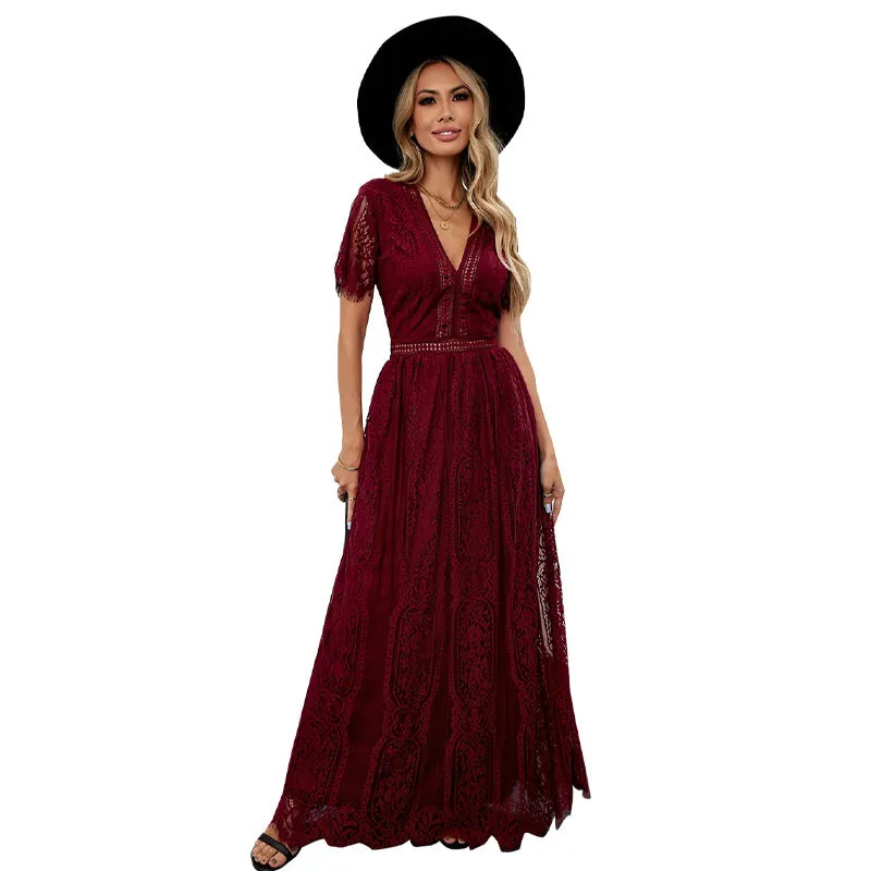 Women's Solid Color Lace Ruffled Sleeves Stitching Dresses