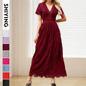 Women's Solid Color Lace Ruffled Sleeves Stitching Dresses